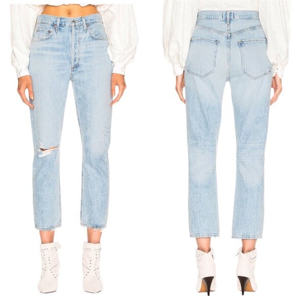 New Agolde Riley High Rise Straight Leg Crop Jeans Size 27 In Shatter Wash Blue - Picture 14 of 16